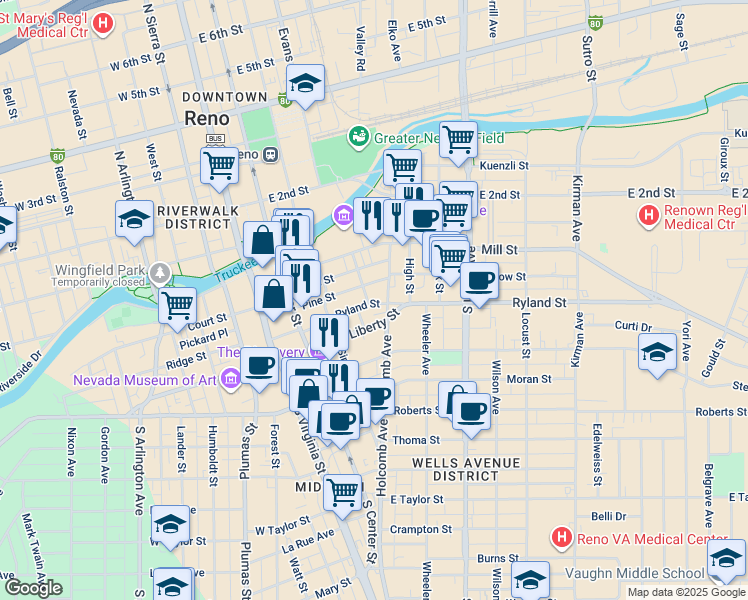map of restaurants, bars, coffee shops, grocery stores, and more near 331 Holcomb Avenue in Reno