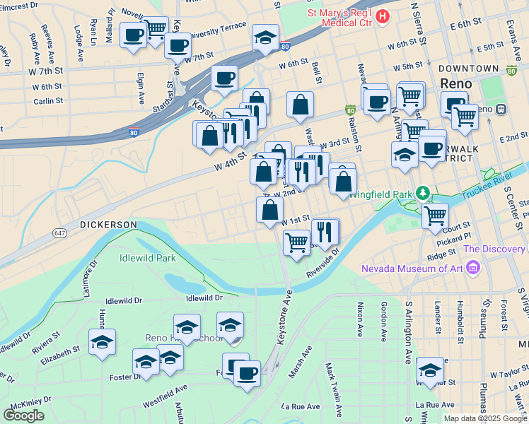 map of restaurants, bars, coffee shops, grocery stores, and more near 103 Keystone Avenue in Reno