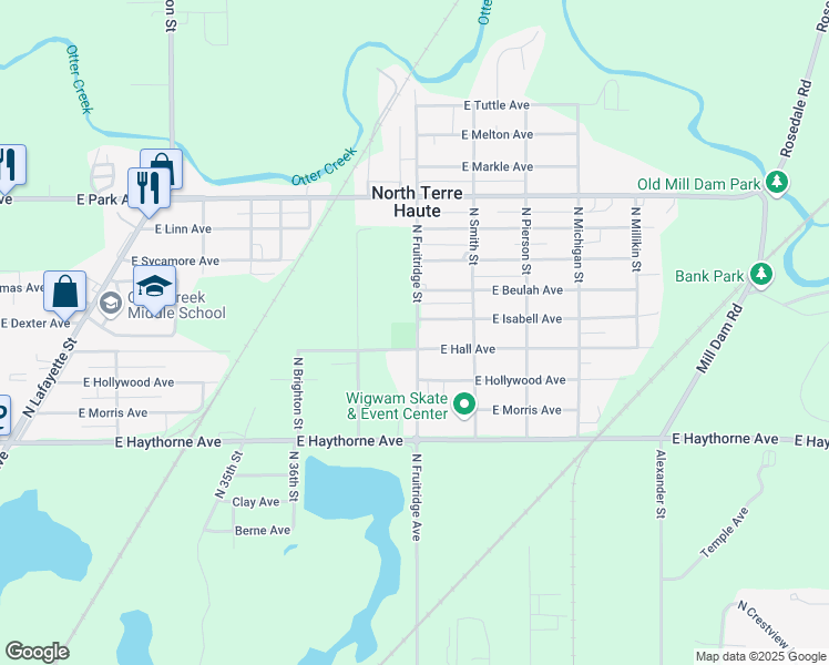 map of restaurants, bars, coffee shops, grocery stores, and more near 3700-3798 E Hall Ave in North Terre Haute