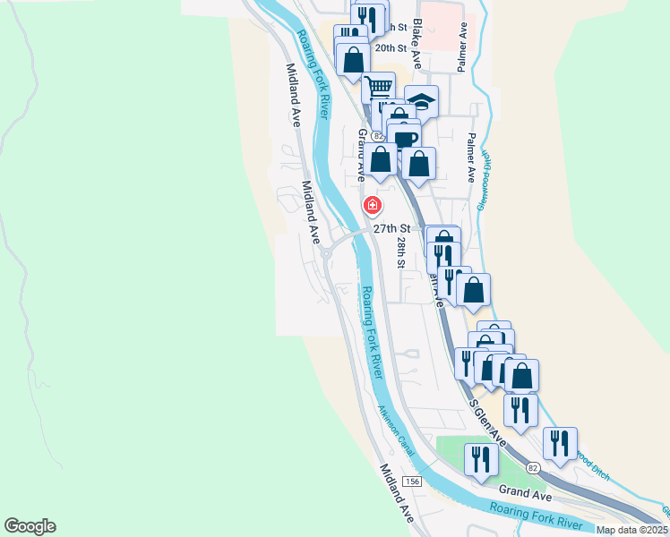 map of restaurants, bars, coffee shops, grocery stores, and more near 2800 Midland Avenue in Glenwood Springs