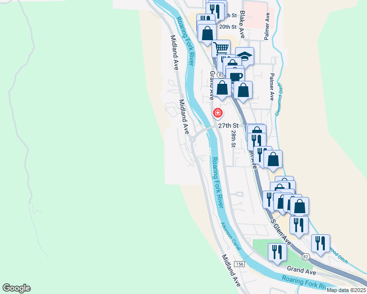 map of restaurants, bars, coffee shops, grocery stores, and more near 2701 Midland Avenue in Glenwood Springs