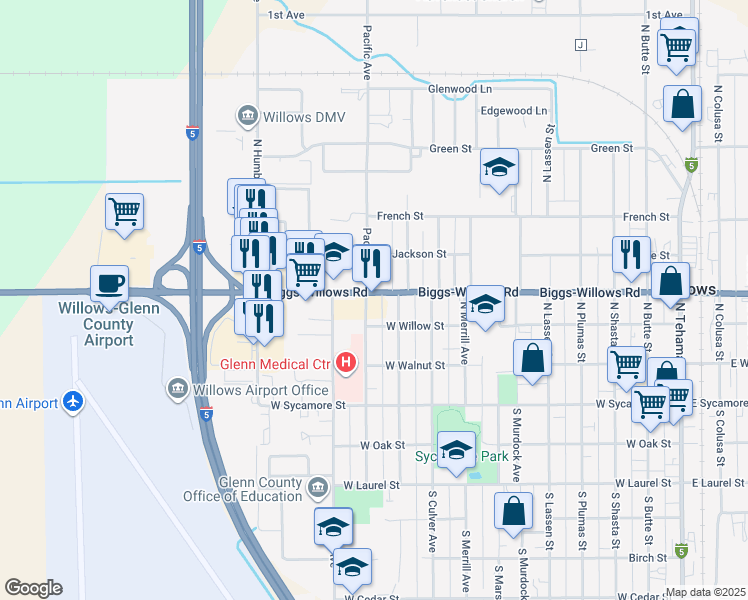 map of restaurants, bars, coffee shops, grocery stores, and more near 335 North Crawford Avenue in Willows