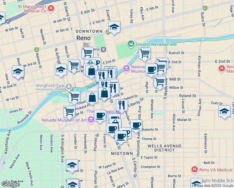 map of restaurants, bars, coffee shops, grocery stores, and more near 215 Sinclair Street in Reno