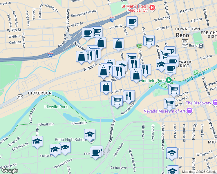 map of restaurants, bars, coffee shops, grocery stores, and more near 923 West 1st Street in Reno