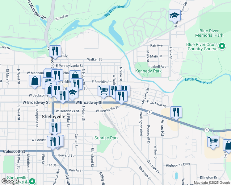 map of restaurants, bars, coffee shops, grocery stores, and more near 350 East Broadway Street in Shelbyville
