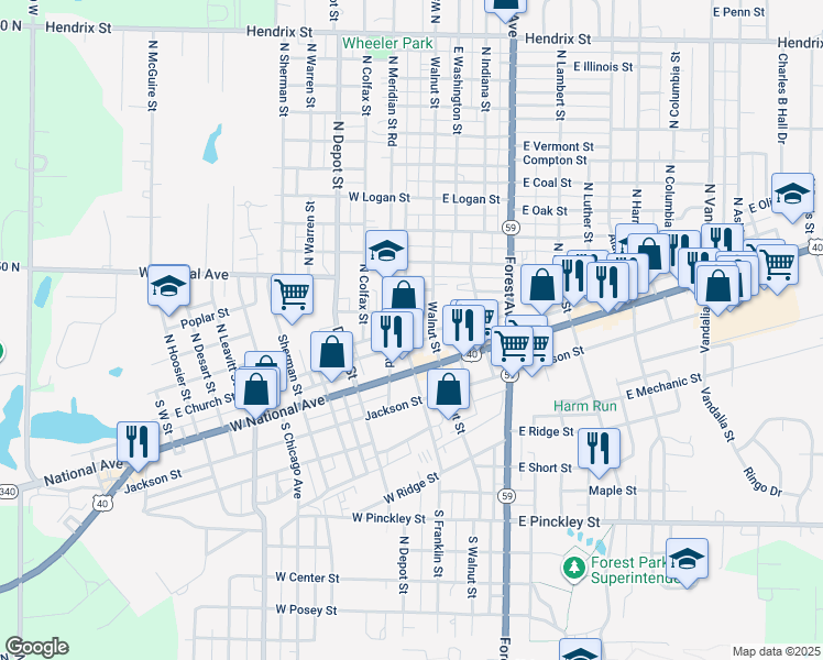 map of restaurants, bars, coffee shops, grocery stores, and more near 1-199 W Church St in Brazil