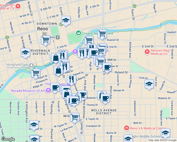 map of restaurants, bars, coffee shops, grocery stores, and more near 331 Holcomb Avenue in Reno
