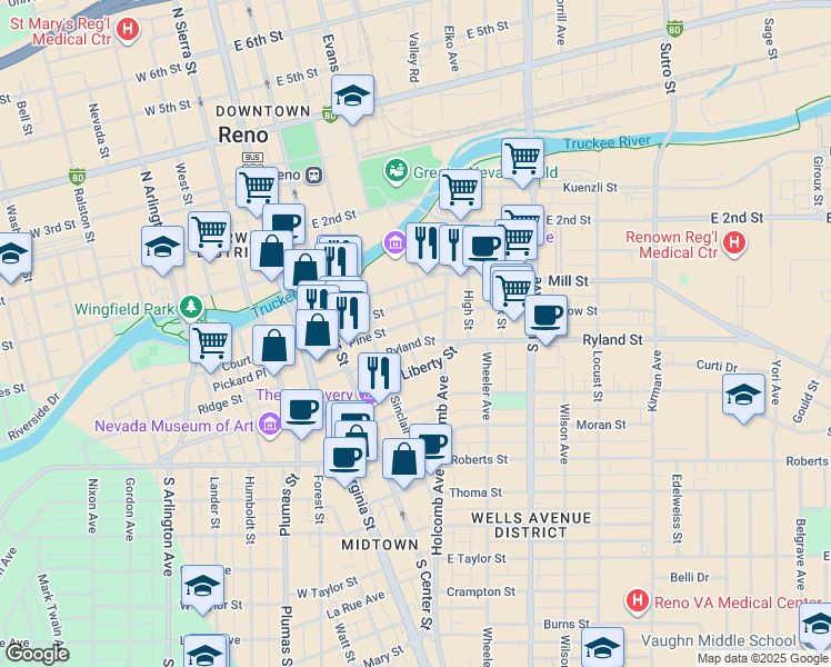 map of restaurants, bars, coffee shops, grocery stores, and more near 215 River Rock Street in Reno