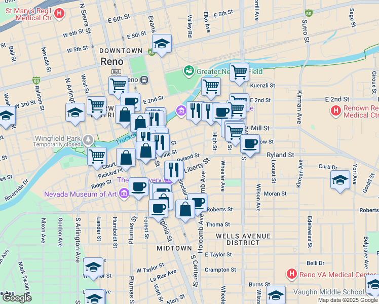map of restaurants, bars, coffee shops, grocery stores, and more near 243 Ryland Street in Reno