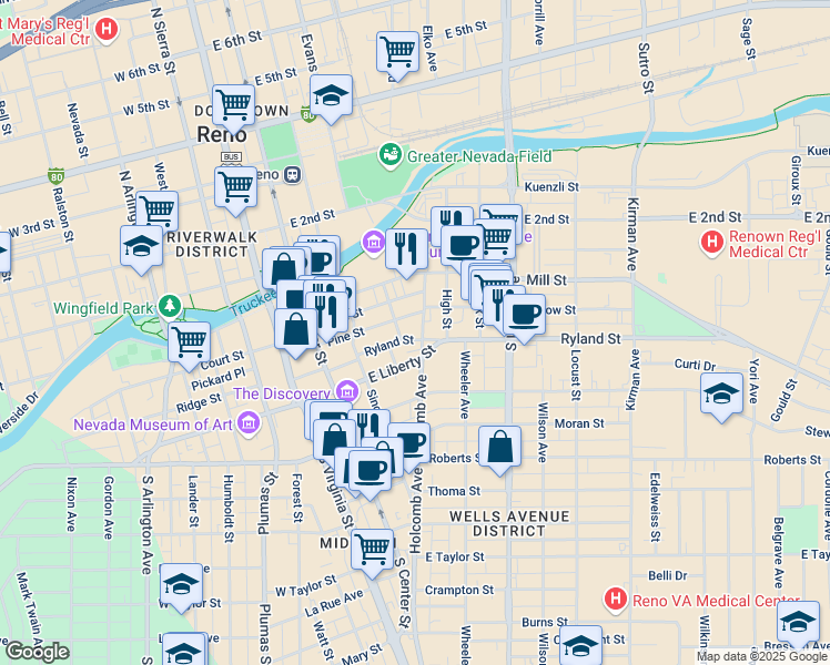 map of restaurants, bars, coffee shops, grocery stores, and more near 331 Holcomb Avenue in Reno