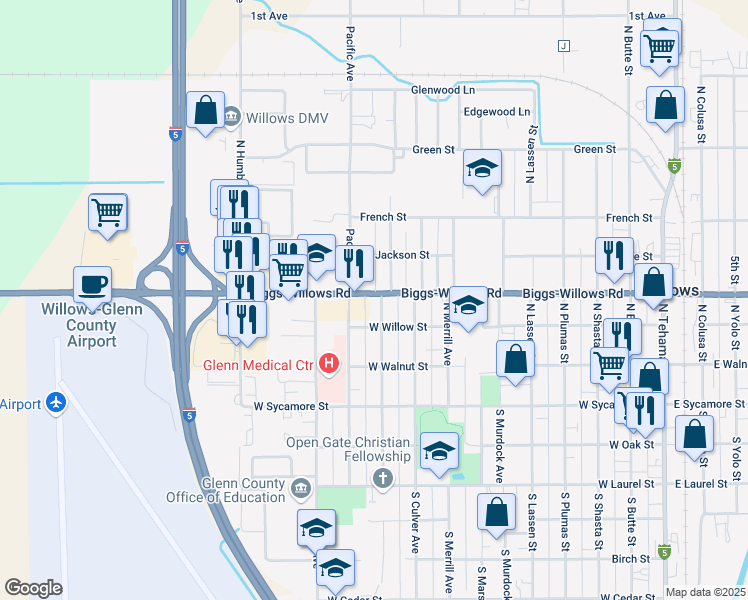 map of restaurants, bars, coffee shops, grocery stores, and more near 1030 West Wood Street in Willows
