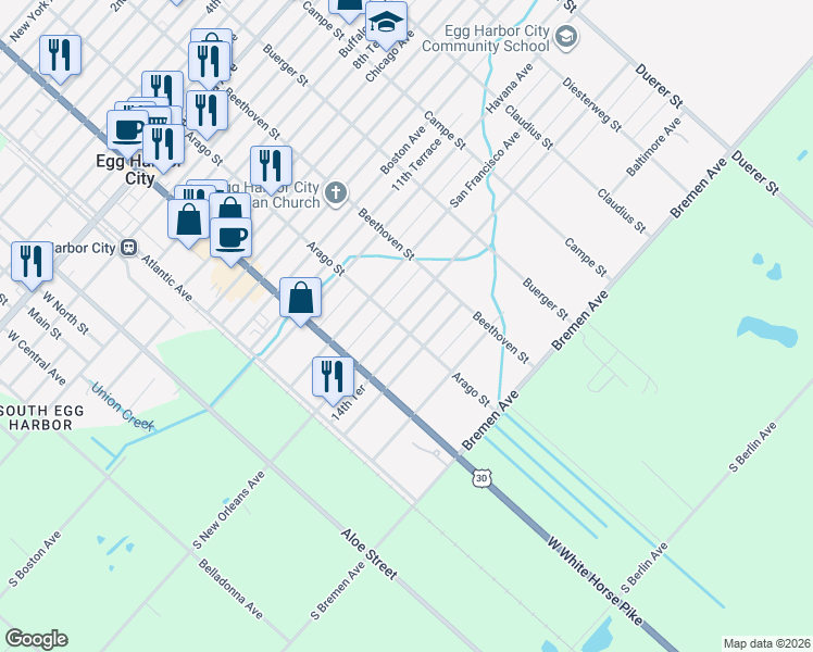 map of restaurants, bars, coffee shops, grocery stores, and more near 147 Antwerp Avenue in Egg Harbor City