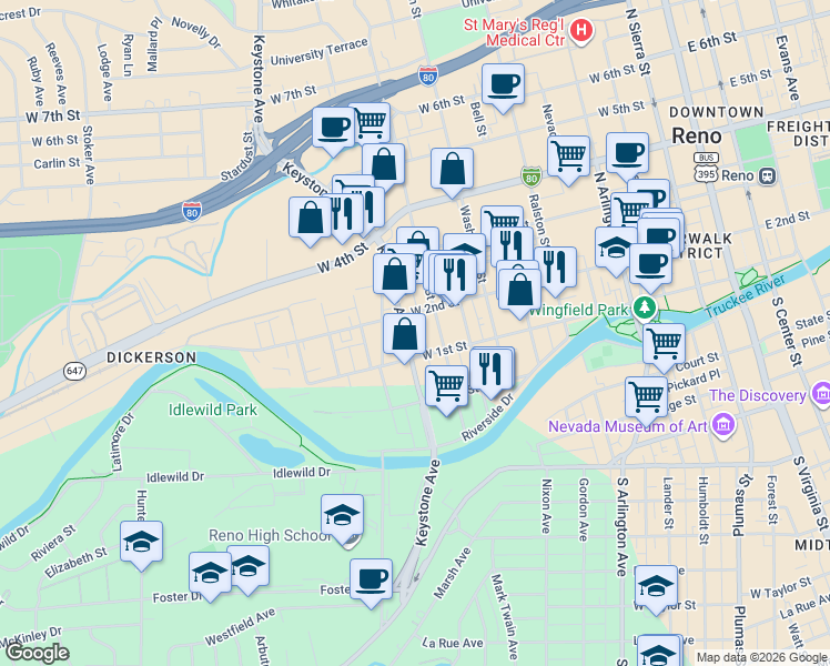 map of restaurants, bars, coffee shops, grocery stores, and more near 923 West 1st Street in Reno