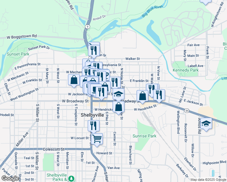 map of restaurants, bars, coffee shops, grocery stores, and more near 113 East Jackson Street in Shelbyville