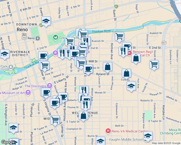 map of restaurants, bars, coffee shops, grocery stores, and more near 810 Ryland Street in Reno