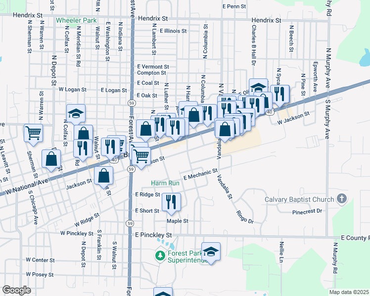 map of restaurants, bars, coffee shops, grocery stores, and more near 118-198 South Alabama Street in Brazil