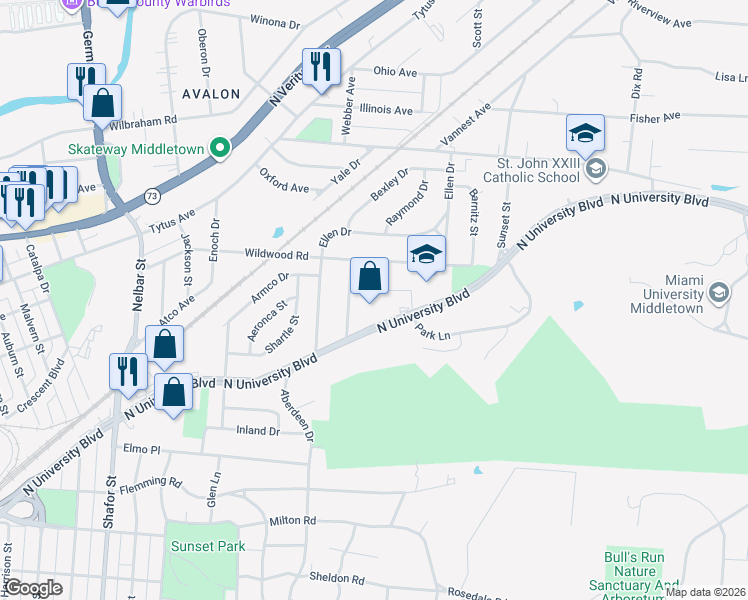 map of restaurants, bars, coffee shops, grocery stores, and more near 1004 North University Boulevard in Middletown