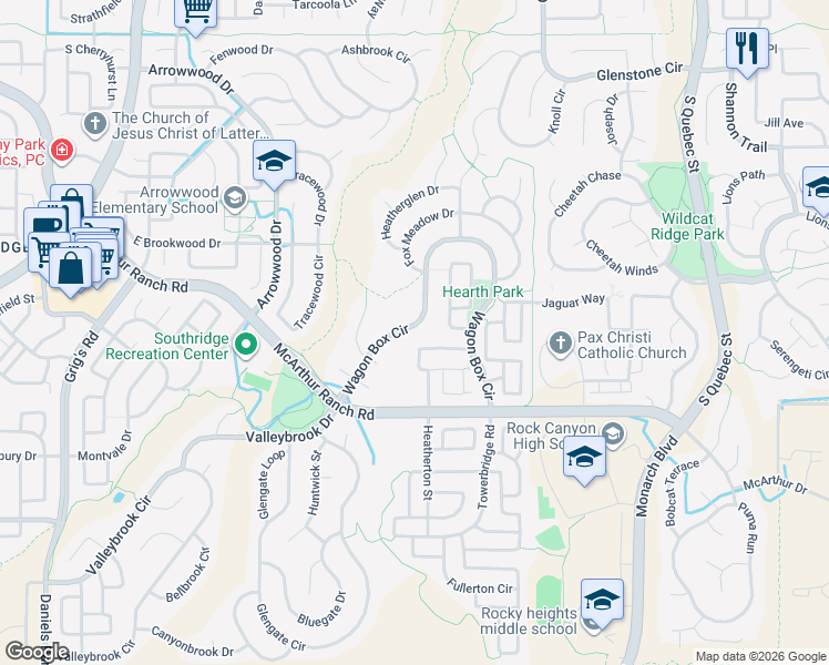 map of restaurants, bars, coffee shops, grocery stores, and more near 5283 Windflower Lane in Littleton