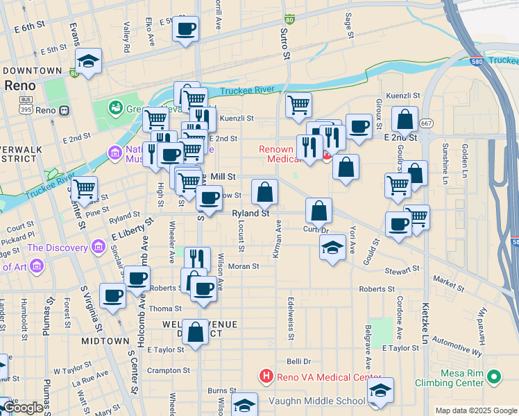 map of restaurants, bars, coffee shops, grocery stores, and more near 975 Ryland Street in Reno
