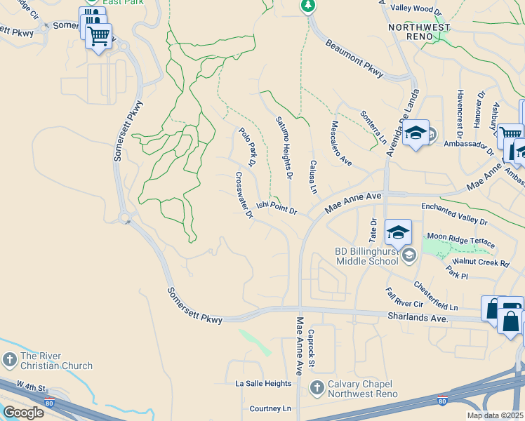 map of restaurants, bars, coffee shops, grocery stores, and more near 7130 Ishi Point Drive in Reno