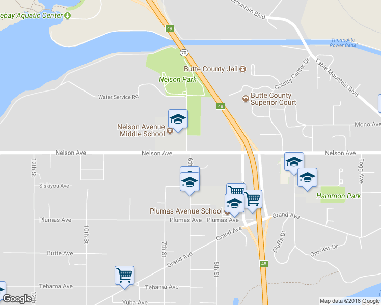 map of restaurants, bars, coffee shops, grocery stores, and more near Nelson Avenue & 6th Street in Oroville