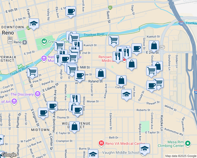 map of restaurants, bars, coffee shops, grocery stores, and more near 960 Ryland Street in Reno