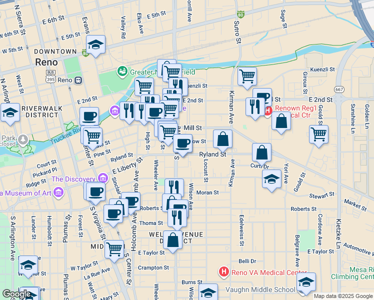 map of restaurants, bars, coffee shops, grocery stores, and more near 810 Ryland Street in Reno