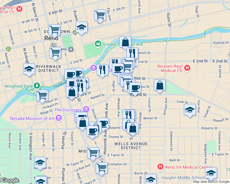 map of restaurants, bars, coffee shops, grocery stores, and more near 317 Wheeler Avenue in Reno