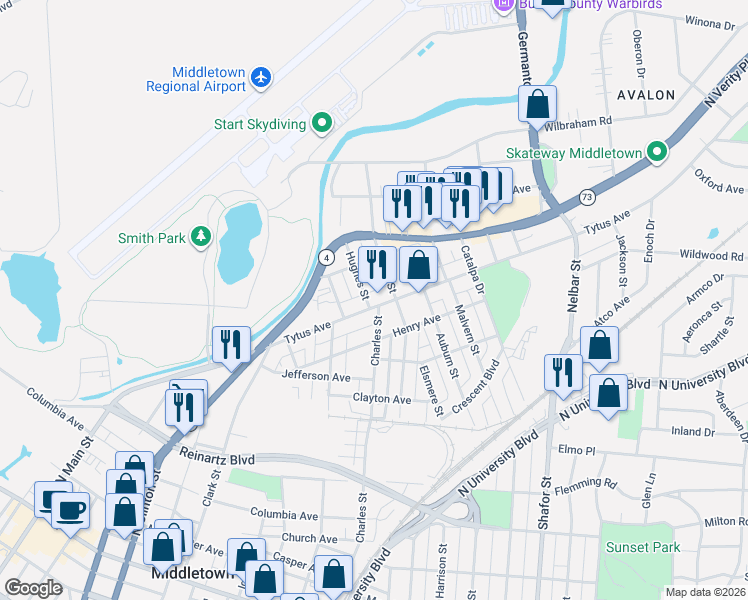 map of restaurants, bars, coffee shops, grocery stores, and more near 911 Charles Street in Middletown