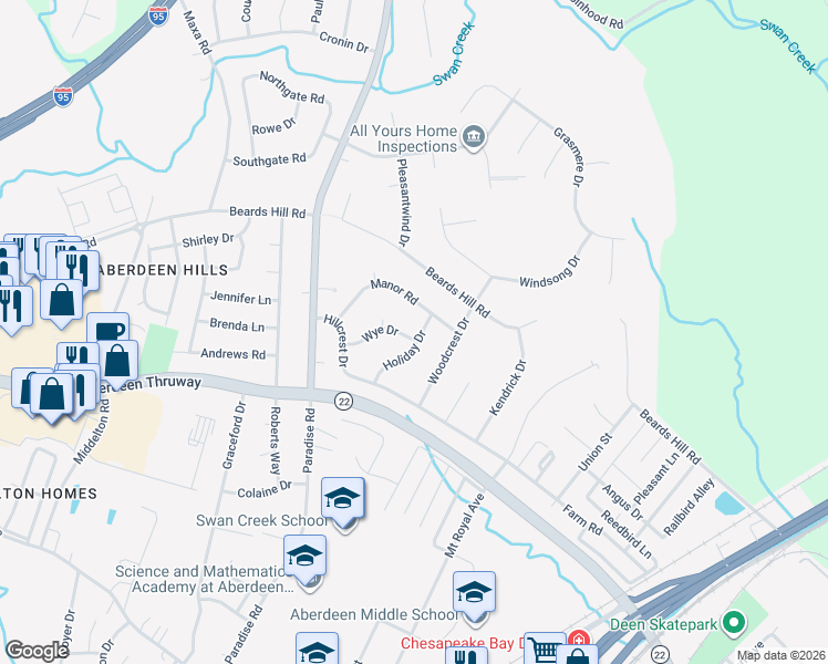 map of restaurants, bars, coffee shops, grocery stores, and more near 412 Wye Drive in Aberdeen