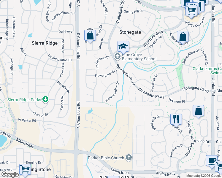 map of restaurants, bars, coffee shops, grocery stores, and more near 10571 Stonemeadow Drive in Parker