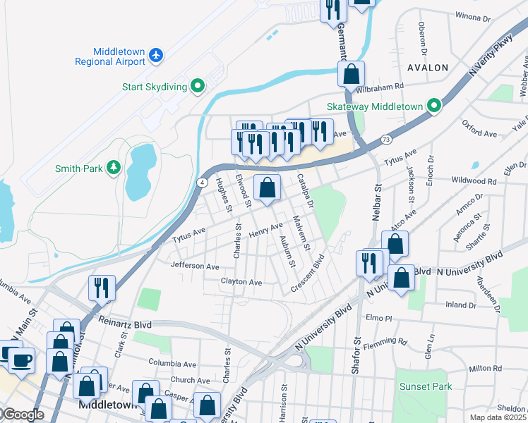 map of restaurants, bars, coffee shops, grocery stores, and more near 2008 Tytus Avenue in Middletown