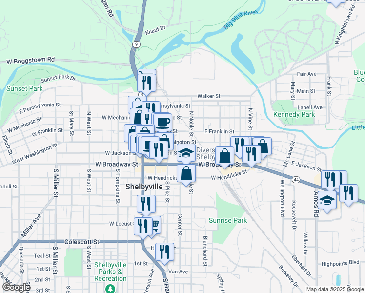 map of restaurants, bars, coffee shops, grocery stores, and more near 158 East Broadway Street in Shelbyville
