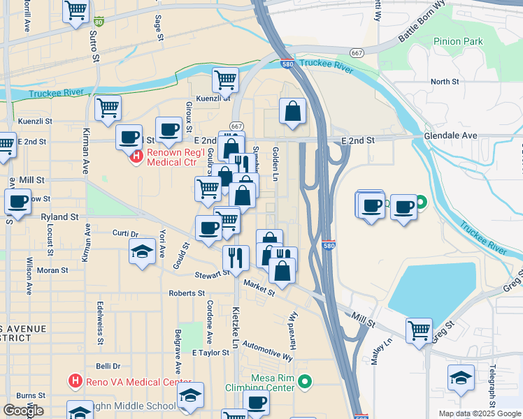 map of restaurants, bars, coffee shops, grocery stores, and more near 401 Golden Lane in Reno