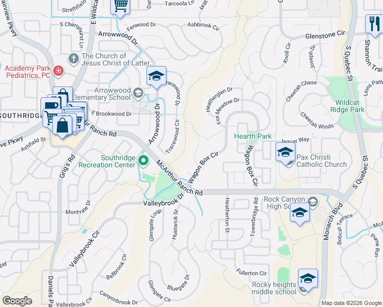 map of restaurants, bars, coffee shops, grocery stores, and more near 10631 Wagon Box Way in Littleton