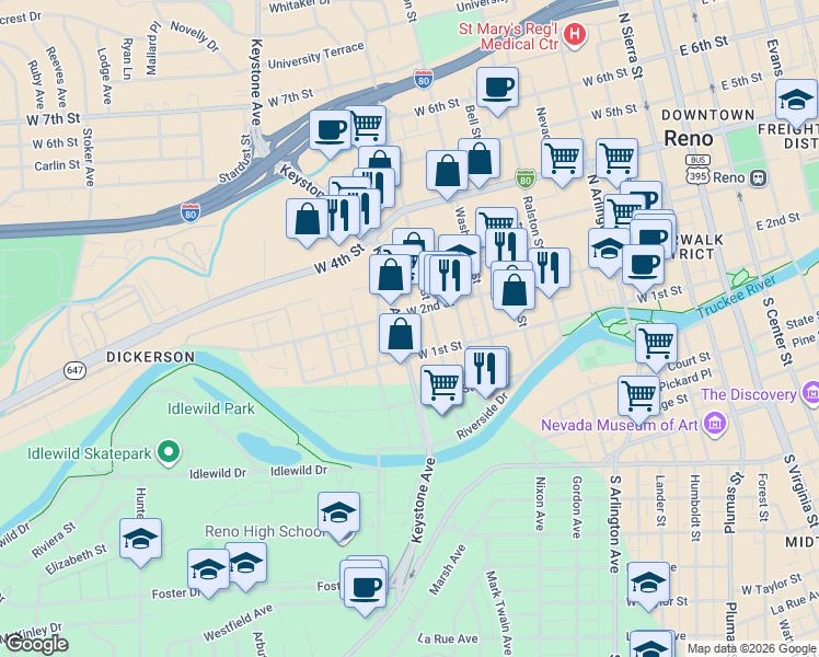 map of restaurants, bars, coffee shops, grocery stores, and more near 923 West 1st Street in Reno