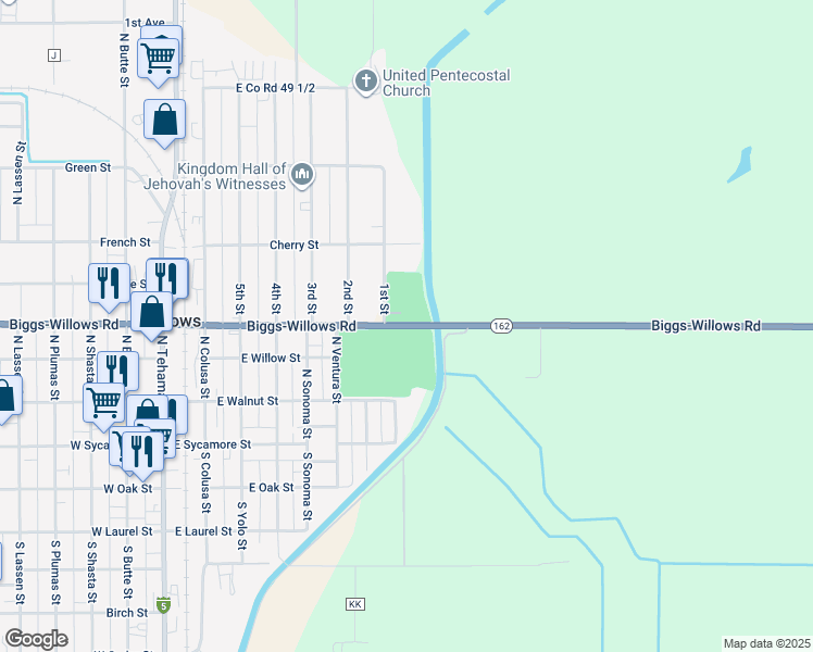 map of restaurants, bars, coffee shops, grocery stores, and more near Biggs-Willows Rd in Willows