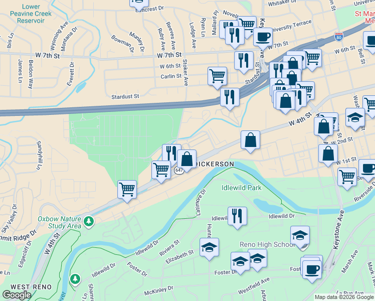 map of restaurants, bars, coffee shops, grocery stores, and more near in Reno