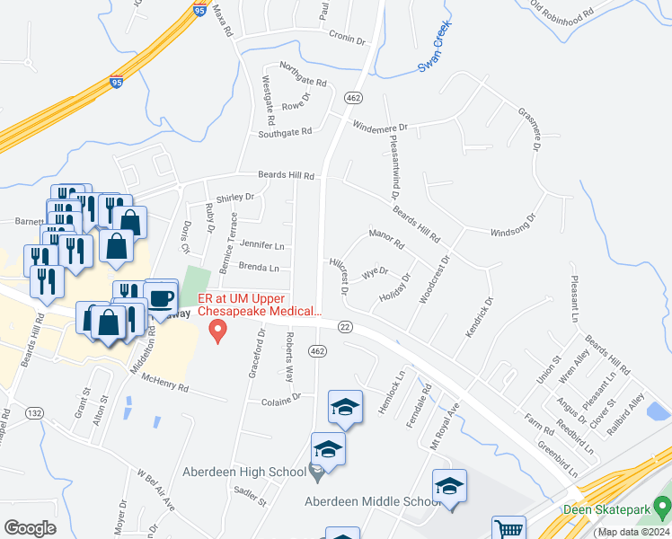 map of restaurants, bars, coffee shops, grocery stores, and more near 468 Hillcrest Drive in Aberdeen