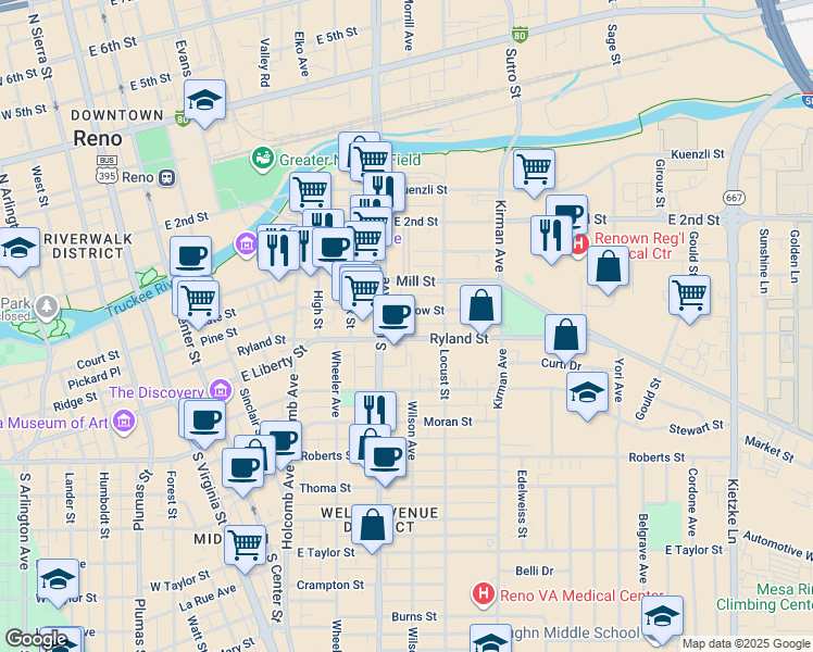 map of restaurants, bars, coffee shops, grocery stores, and more near 810 Ryland Street in Reno