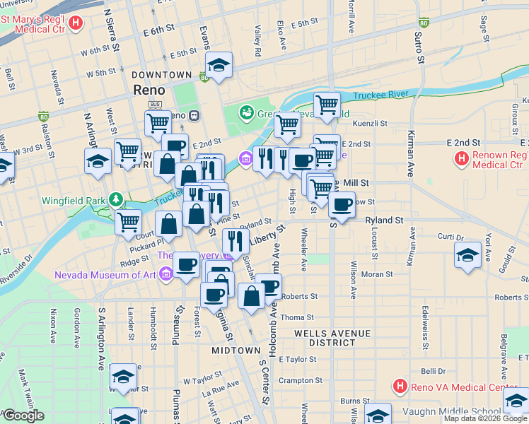 map of restaurants, bars, coffee shops, grocery stores, and more near 243 Ryland Street in Reno