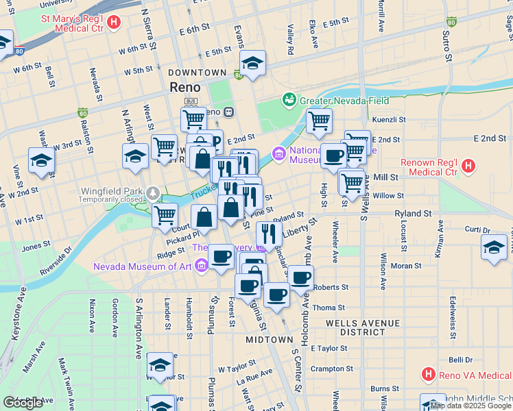 map of restaurants, bars, coffee shops, grocery stores, and more near 215 Sinclair Street in Reno