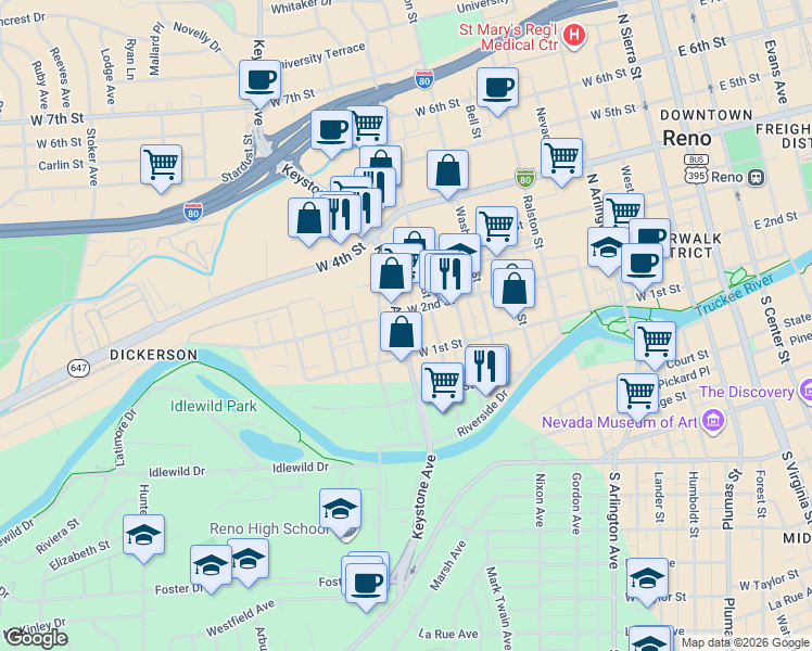 map of restaurants, bars, coffee shops, grocery stores, and more near 103 Keystone Avenue in Reno