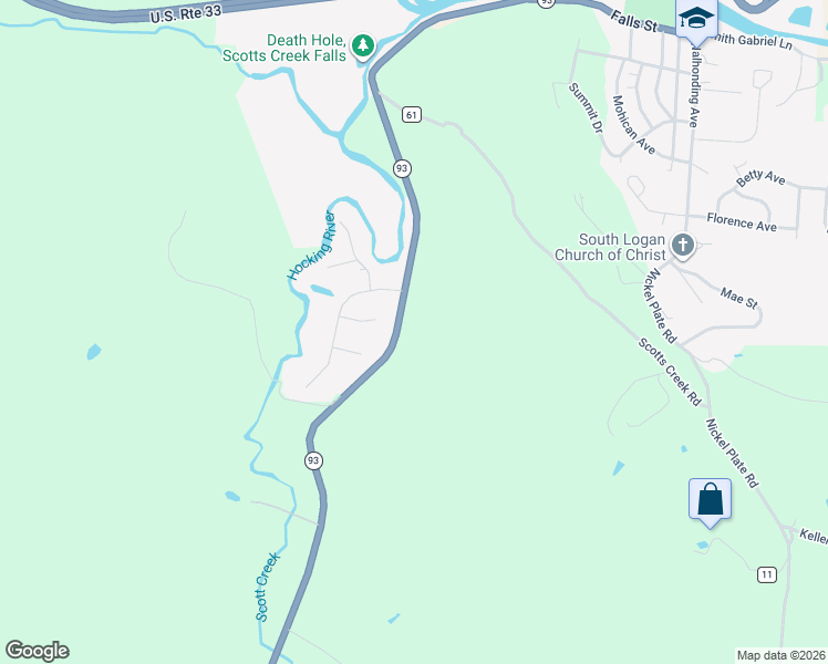 map of restaurants, bars, coffee shops, grocery stores, and more near 13980 Ohio 93 in Logan