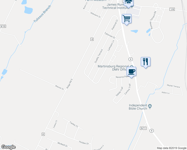map of restaurants, bars, coffee shops, grocery stores, and more near 512 Larkspur Lane in Martinsburg