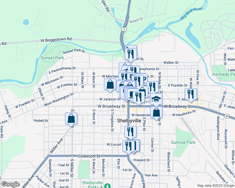 map of restaurants, bars, coffee shops, grocery stores, and more near 54 West Broadway Street in Shelbyville