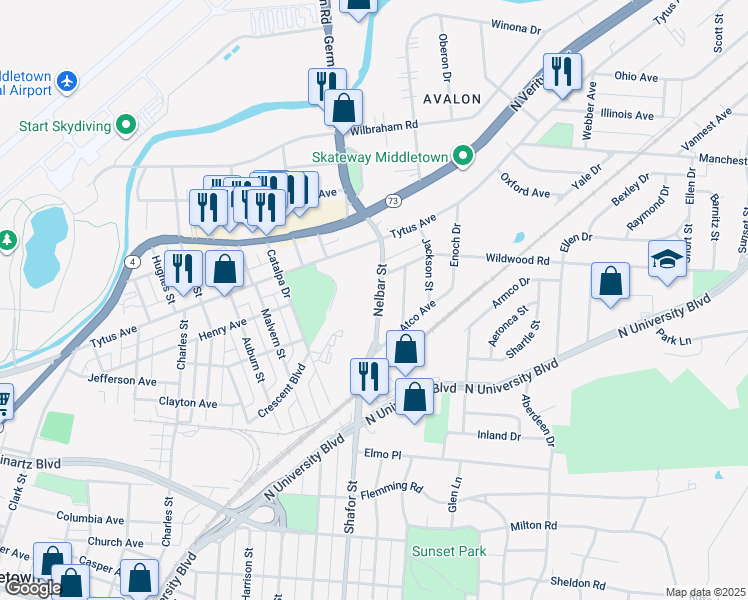 map of restaurants, bars, coffee shops, grocery stores, and more near 1000 Nelbar Street in Middletown