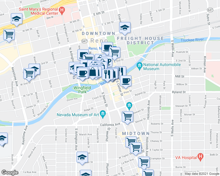 map of restaurants, bars, coffee shops, grocery stores, and more near 117 South Virginia Street in Reno
