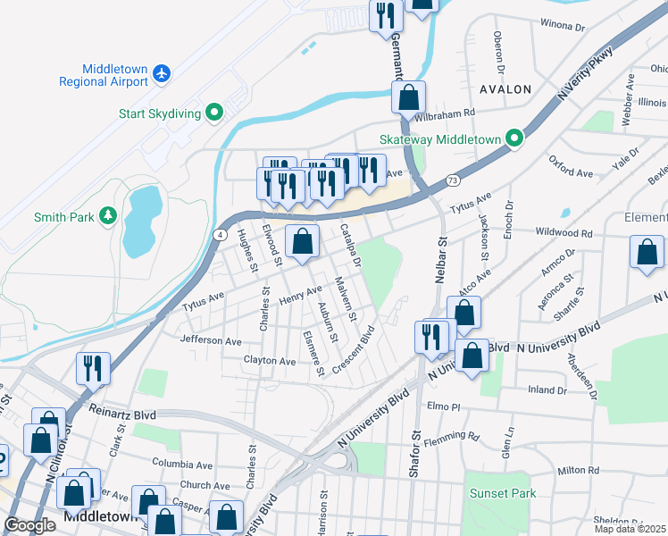 map of restaurants, bars, coffee shops, grocery stores, and more near 1007 Malvern Street in Middletown