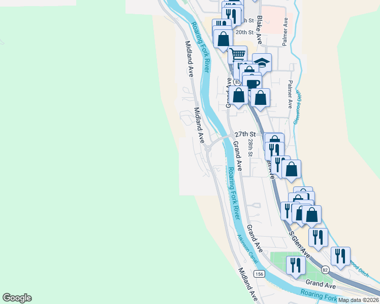 map of restaurants, bars, coffee shops, grocery stores, and more near 2701 Midland Avenue in Glenwood Springs